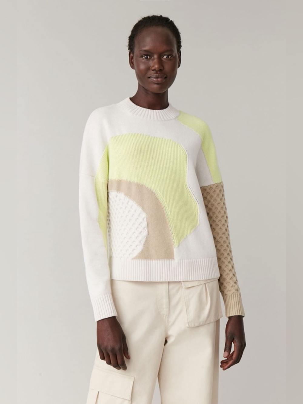 COS crewneck color block wool-cotton sweater with neon green detailing - Picture 3 of 12